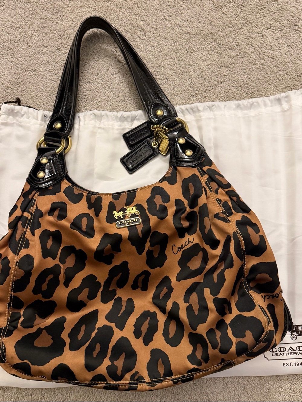 EUC Coach Madison Maggie Ocelot Leopard Shoulder Bag in Brown Black handbag RARE